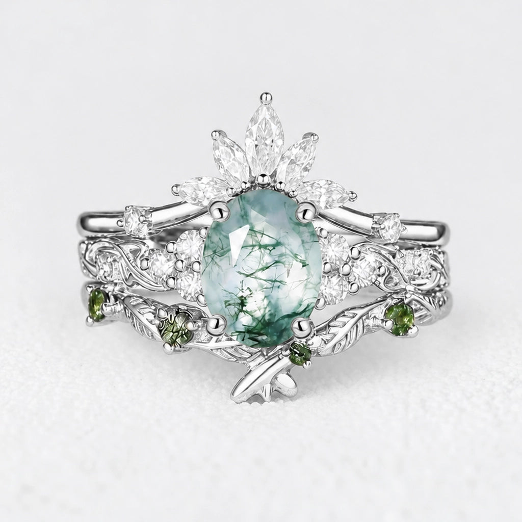 Nature Inspired Oval Cut Moss Agate Cluster Leafy Bridal Set