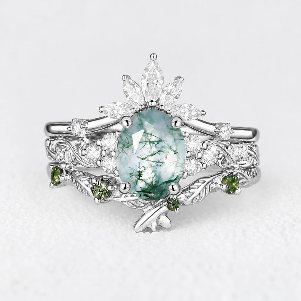 Nature Inspired Oval Cut Moss Agate Cluster Leafy Bridal Set