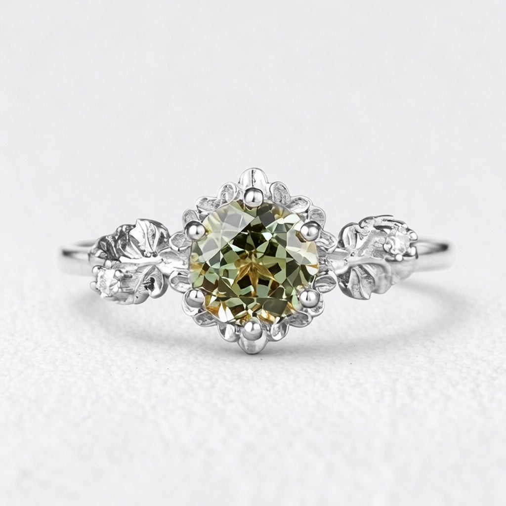 Sylvie’s Blossom | Round Green Sapphire Floral Engagement Ring.