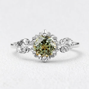 Sylvie’s Blossom | Round Green Sapphire Floral Engagement Ring.