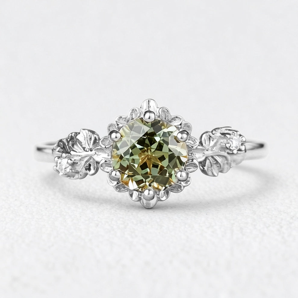 Sylvie’s Blossom | Round Green Sapphire Floral Engagement Ring.