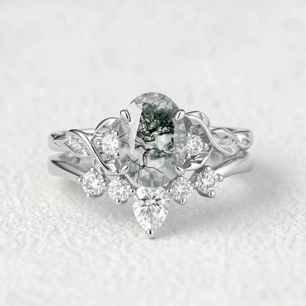 Aurelia’s Grove | Oval Moss Agate & Moissanite Leafy Ring Set 2pcs.