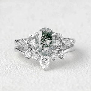 Aurelia’s Grove | Oval Moss Agate & Moissanite Leafy Ring Set 2pcs.