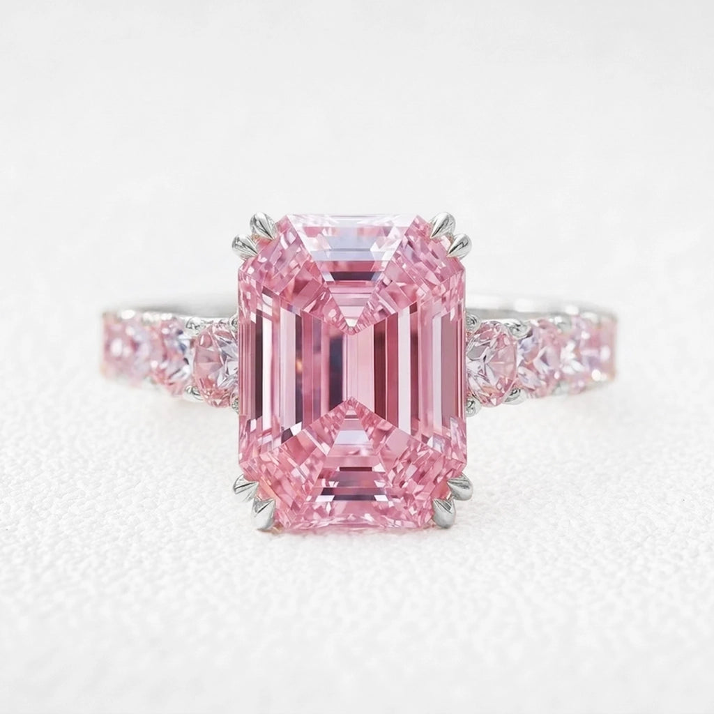 Aurora’s Aureole | 3CT Emerald Cut Pink Sapphire Engagement Ring