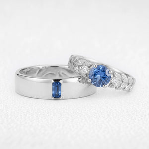 Iris’s Sonnet | Blue Sapphire Solitaire & Inner Engraved Band Couple Set