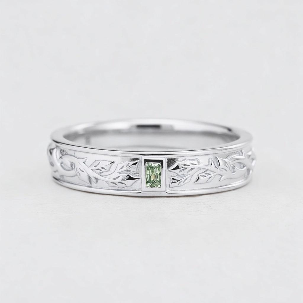 Mistletoe Forge | Bezel Baguette Green Sapphire Men's Wedding Band.