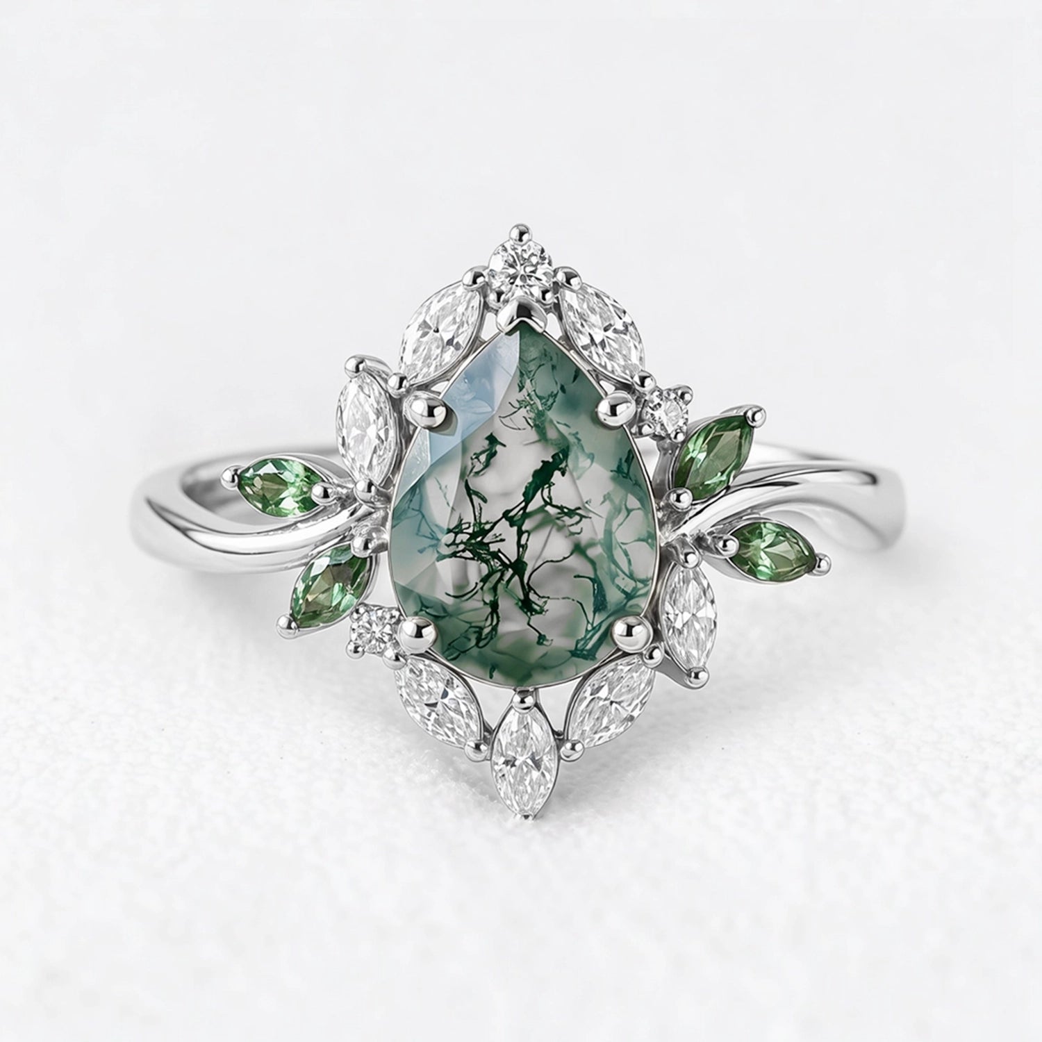 Daphne's Bloom | Pear Moss Agate & Diamond Cluster Engagement Ring