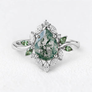Daphne's Bloom | Pear Moss Agate & Diamond Cluster Engagement Ring
