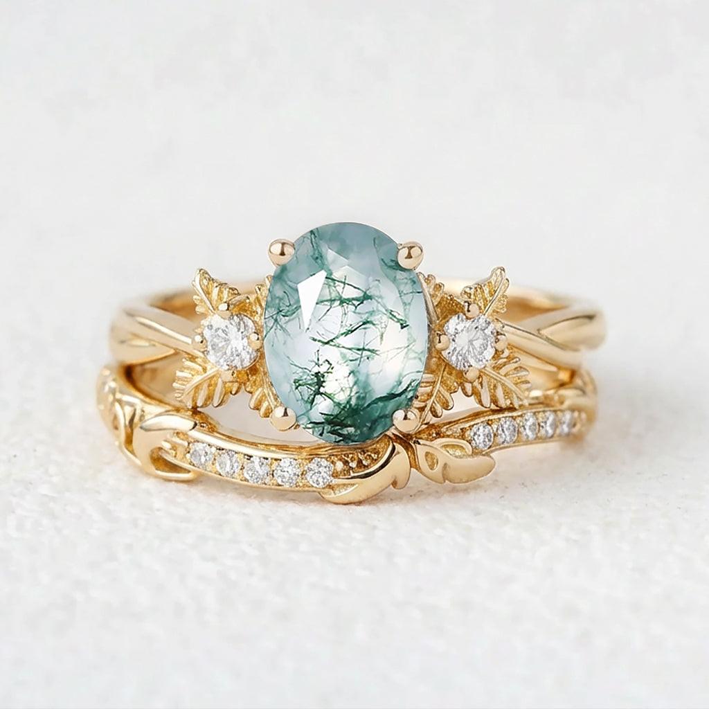 Flora Oval Cut Moss Agate Leafy Flower Engagement Ring Set 2pcs.