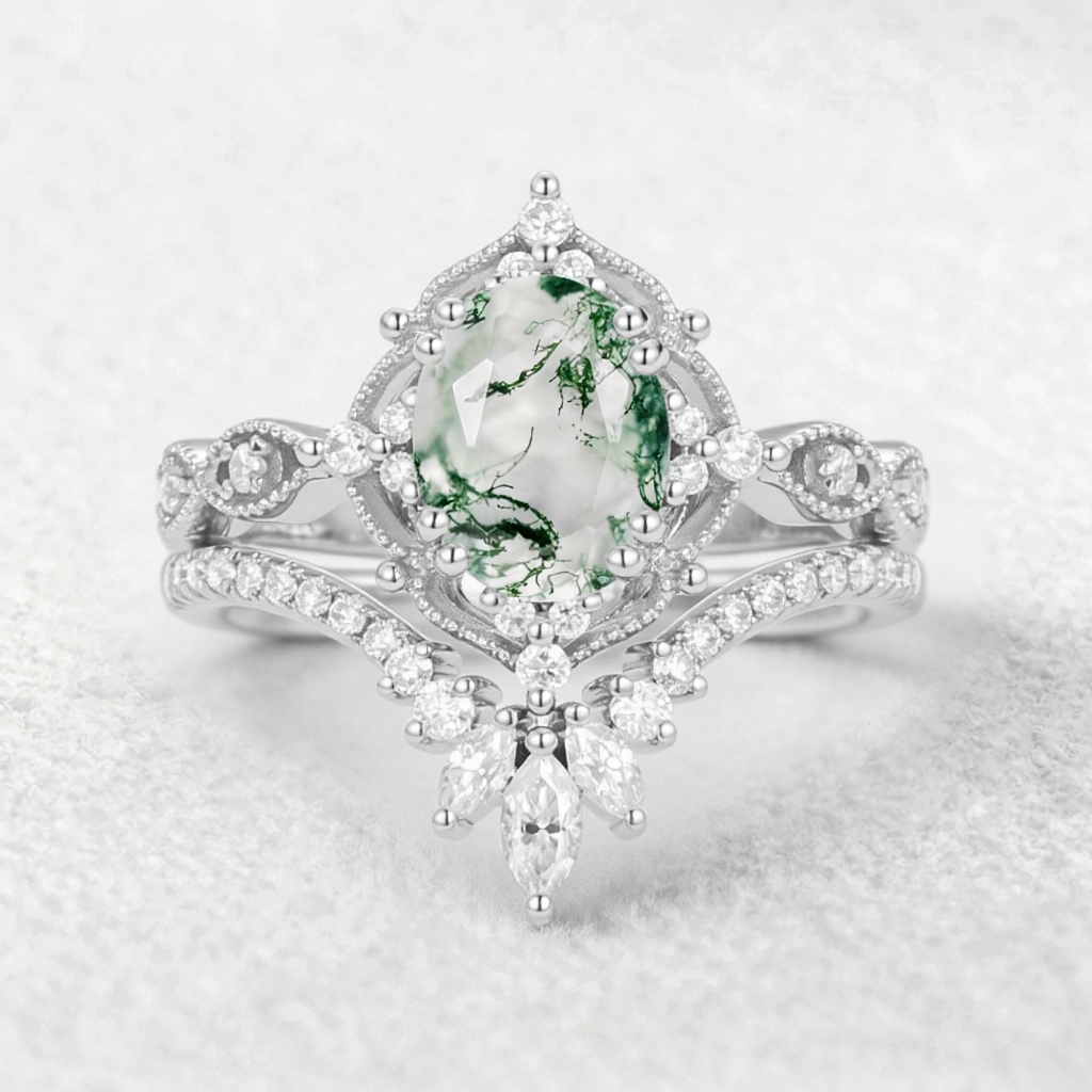 Soren Oval Cut Vintage Moss Agate Engagement Ring Set 2pcs.