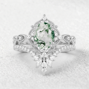Soren Oval Cut Vintage Moss Agate Engagement Ring Set 2pcs.