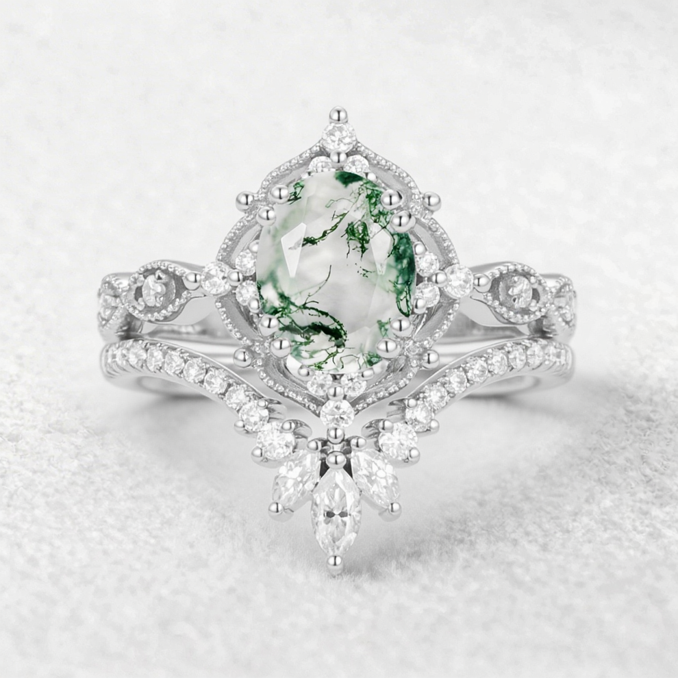 Soren Oval Cut Vintage Moss Agate Engagement Ring Set 2pcs.