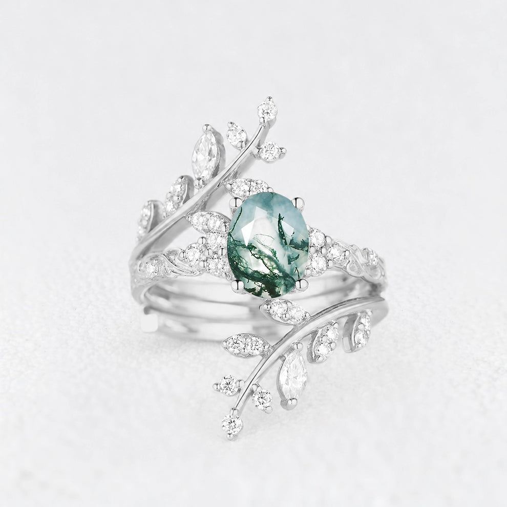 Sylvie’s Thicket | Oval Moss Agate Cluster Leafy Engagement Ring Set 2pcs.