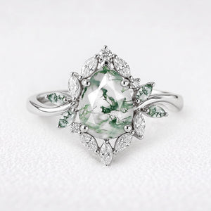 Daphne's Bloom | Pear Moss Agate & Diamond Cluster Engagement Ring