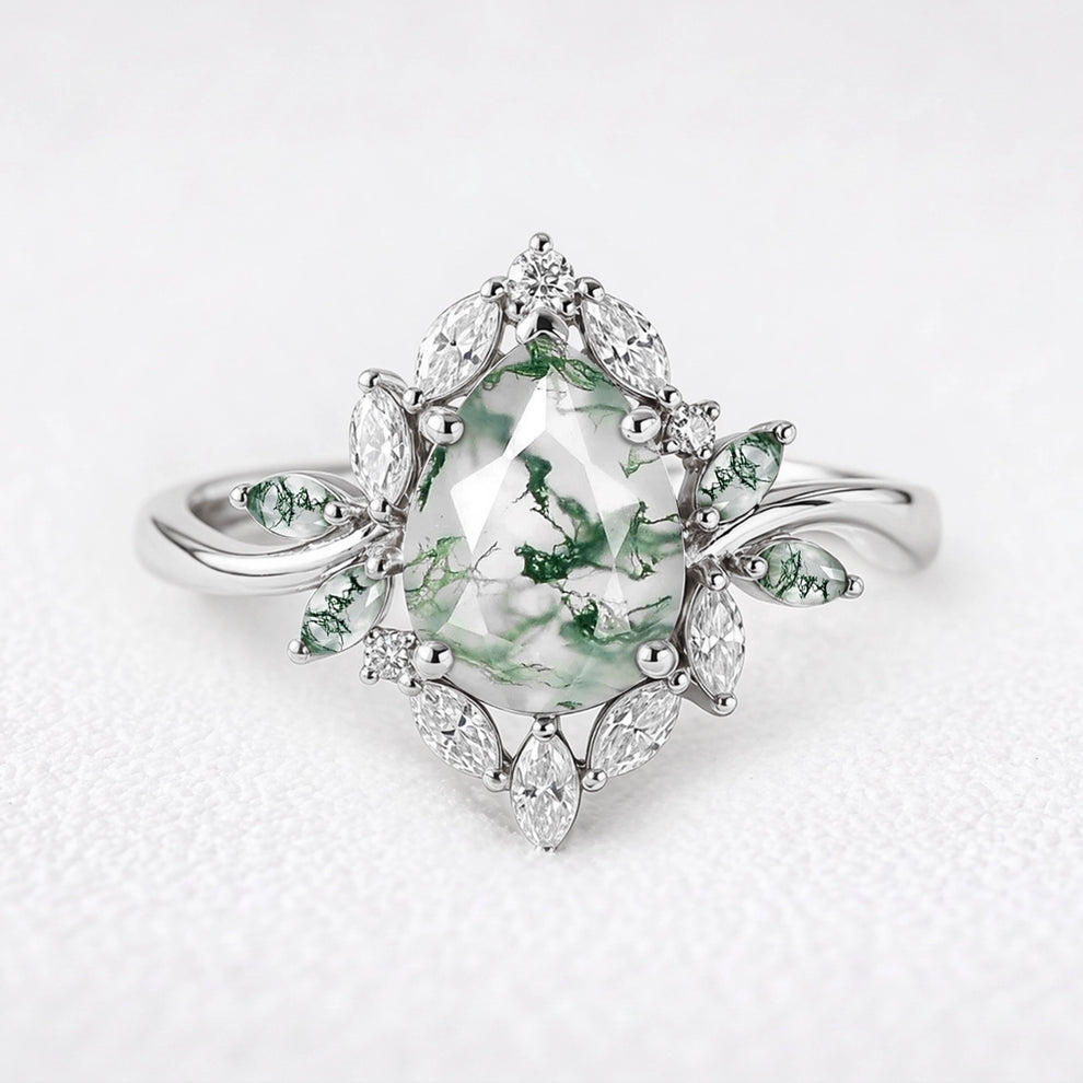 Daphne's Bloom | Pear Moss Agate & Diamond Cluster Engagement Ring
