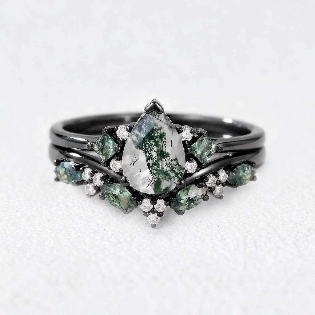 Sylvie’s Vine | Pear Cut Moss Agate Engagement Ring Set 2pcs.