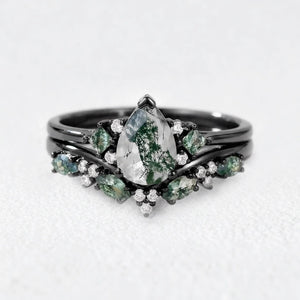 Sylvie’s Vine | Pear Cut Moss Agate Engagement Ring Set 2pcs