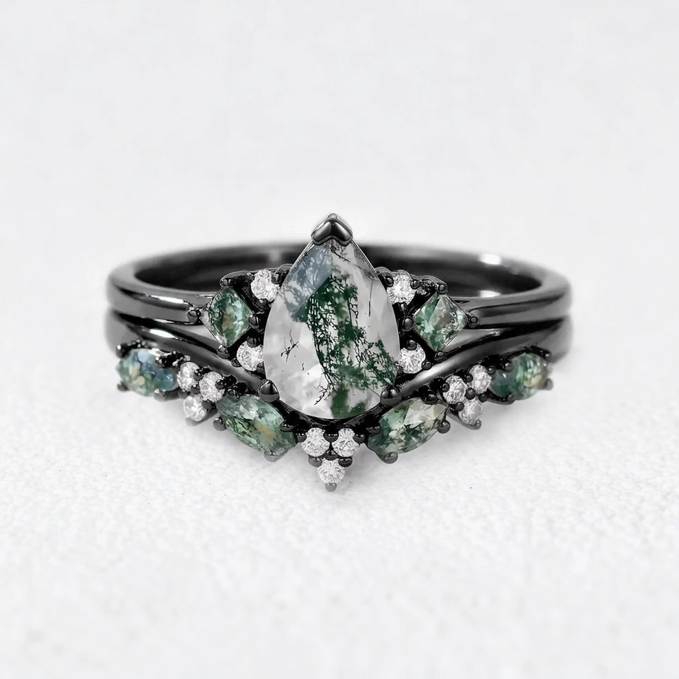 Sylvie’s Vine | Pear Cut Moss Agate Engagement Ring Set 2pcs.