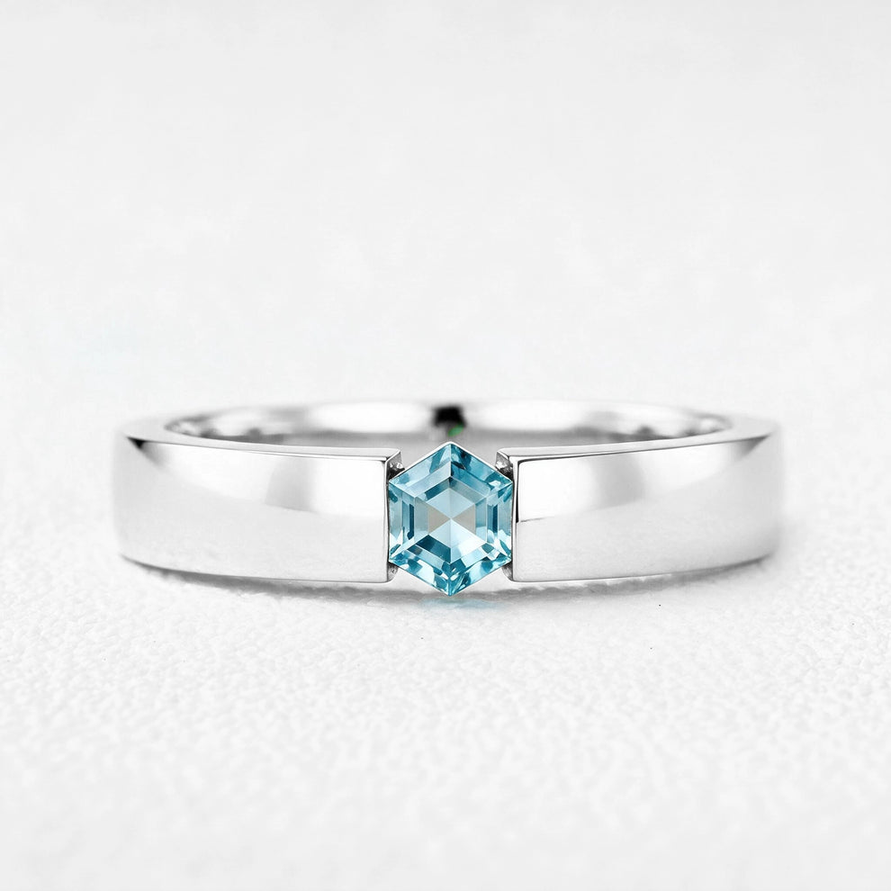 Oceanus’ Deep | Hexagon Aquamarine Tension Set Men‘s Band
