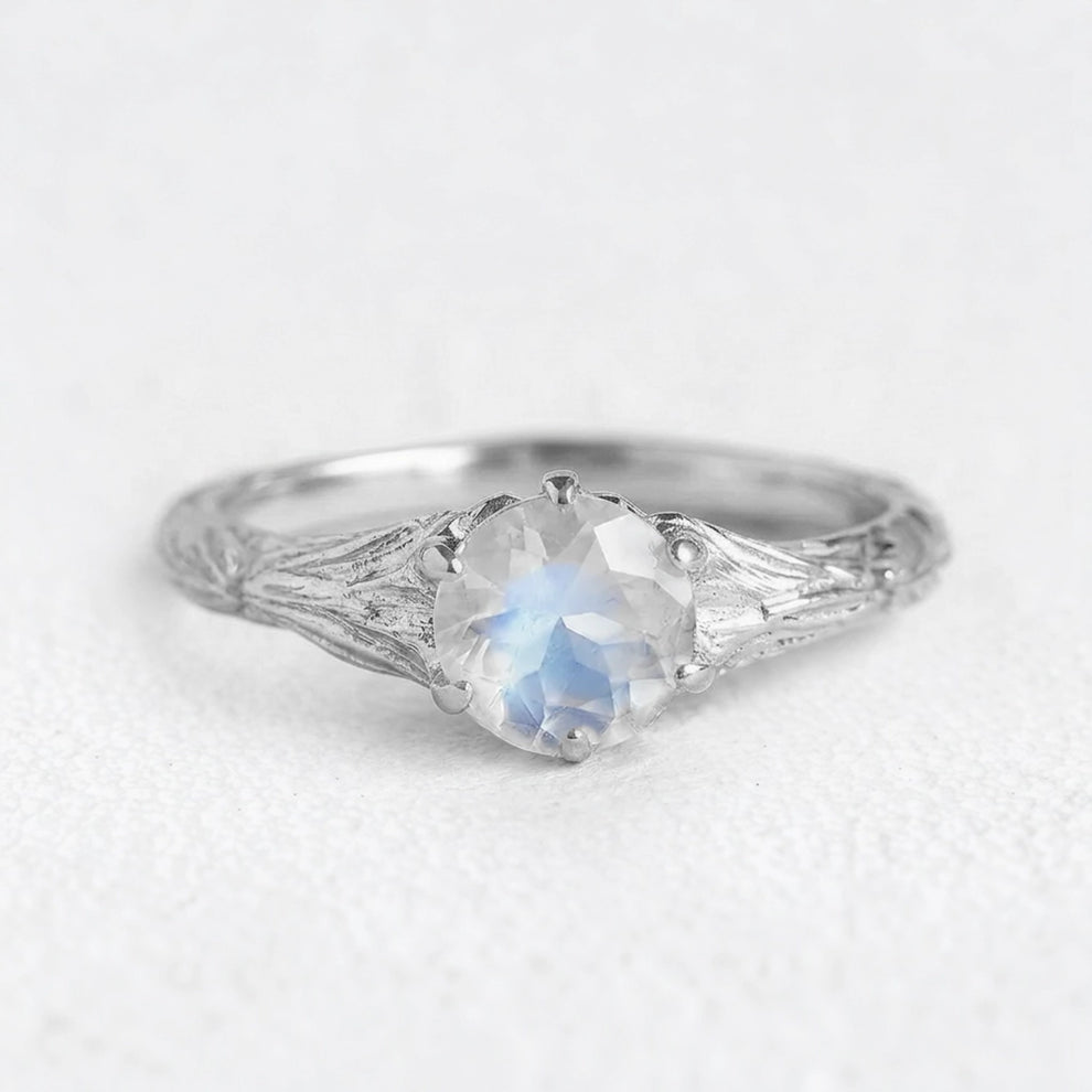 Athena‘s Olive | Round Moonstone Solitaire Engagement Ring