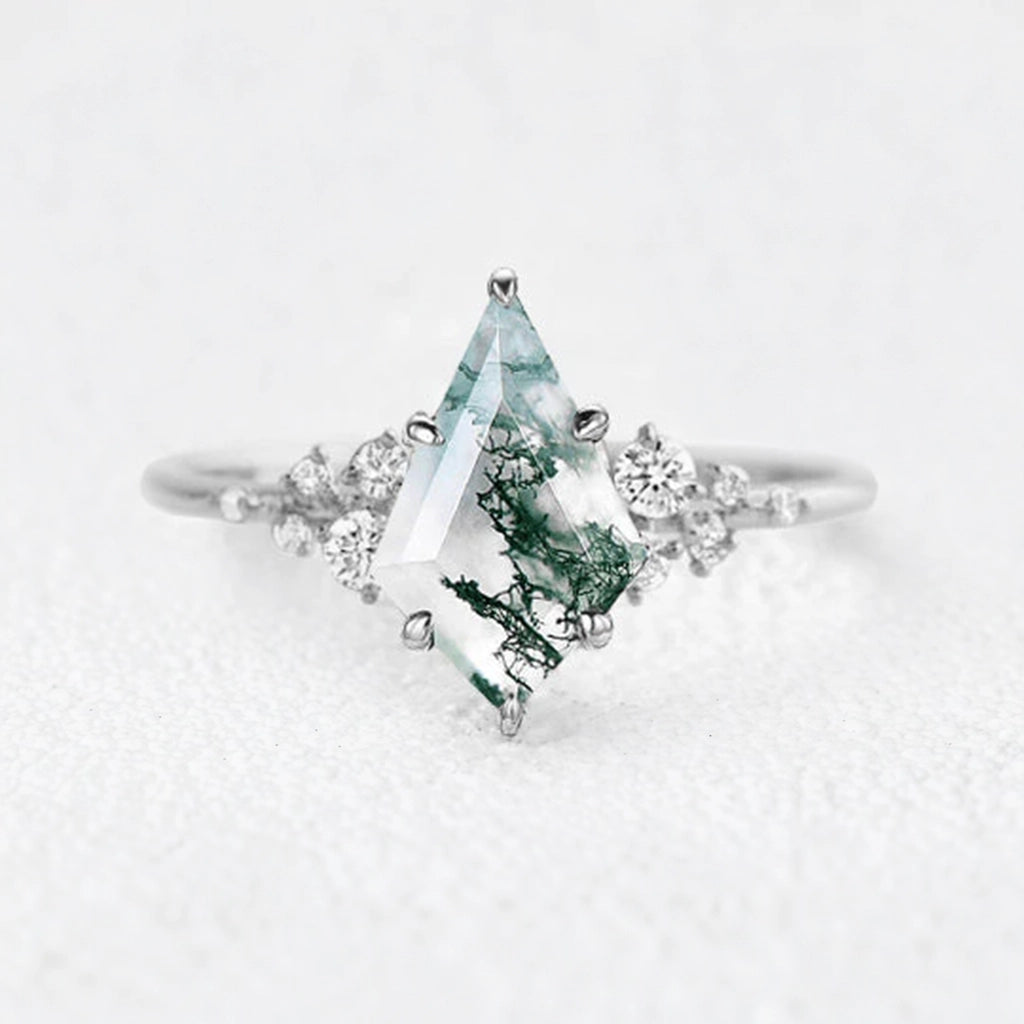 Elara’s Drift | Large Kite Cut Moss Agate Engagement Ring.