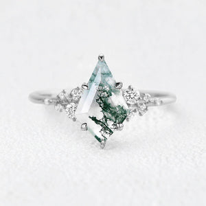 Elara’s Drift | Large Kite Cut Moss Agate Engagement Ring.