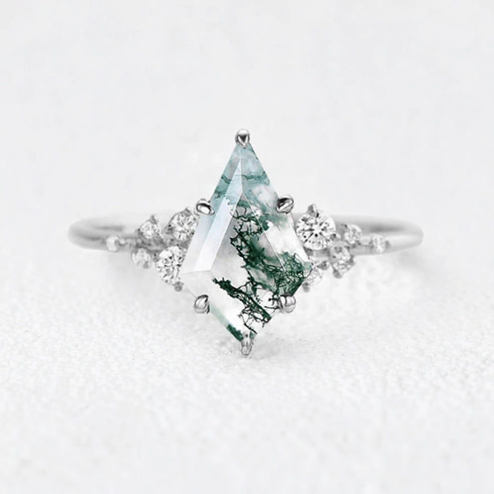 Elara’s Drift | Large Kite Cut Moss Agate Engagement Ring.
