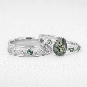 Sylvie’s Antler | Pear Moss Agate & Carved Band Couple Set