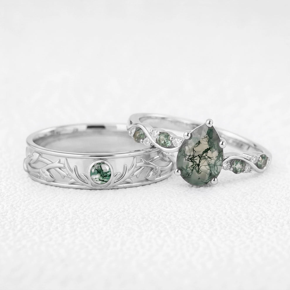 Sylvie’s Antler | Pear Moss Agate & Carved Band Couple Set