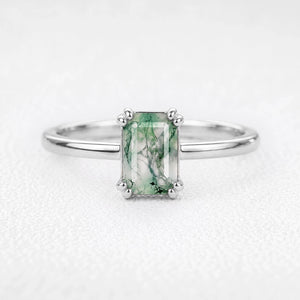 Cordelia’s Pavilion | Emerald Cut Moss Agate Solitaire Engagement Ring