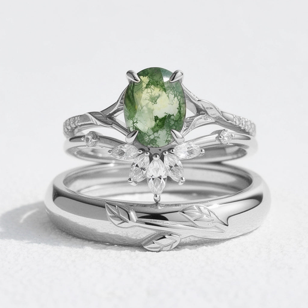 Zinnia’s Meadow | Oval Cut Moss Agate Leafy Gold Couple Ring Set 3pcs.