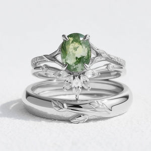 Zinnia’s Meadow | Oval Cut Moss Agate Leafy Gold Couple Ring Set 3pcs.