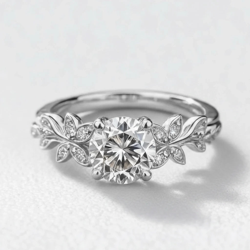 Flora’s Sprig | Round Cut Diamond Leafy Engagement Ring.