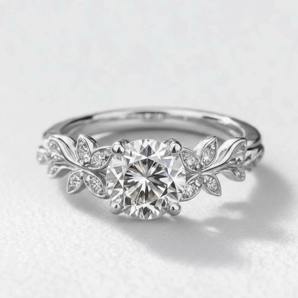 Flora’s Sprig | Round Cut Diamond Leafy Engagement Ring.