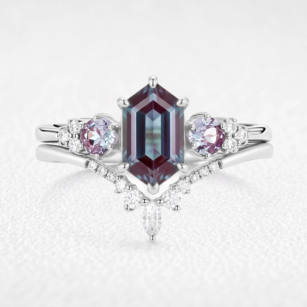 Sylvie’s Frond | Hexagon Cut Alexandrite Cluster Chevron Bridal Set 2pcs
