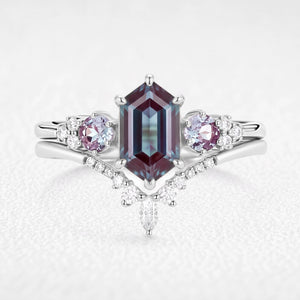Sylvie’s Frond | Hexagon Cut Alexandrite Cluster Chevron Bridal Set 2pcs