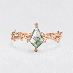Bramble Minimalist Kite Cut Moss Agate Leafy Engagement Ring.