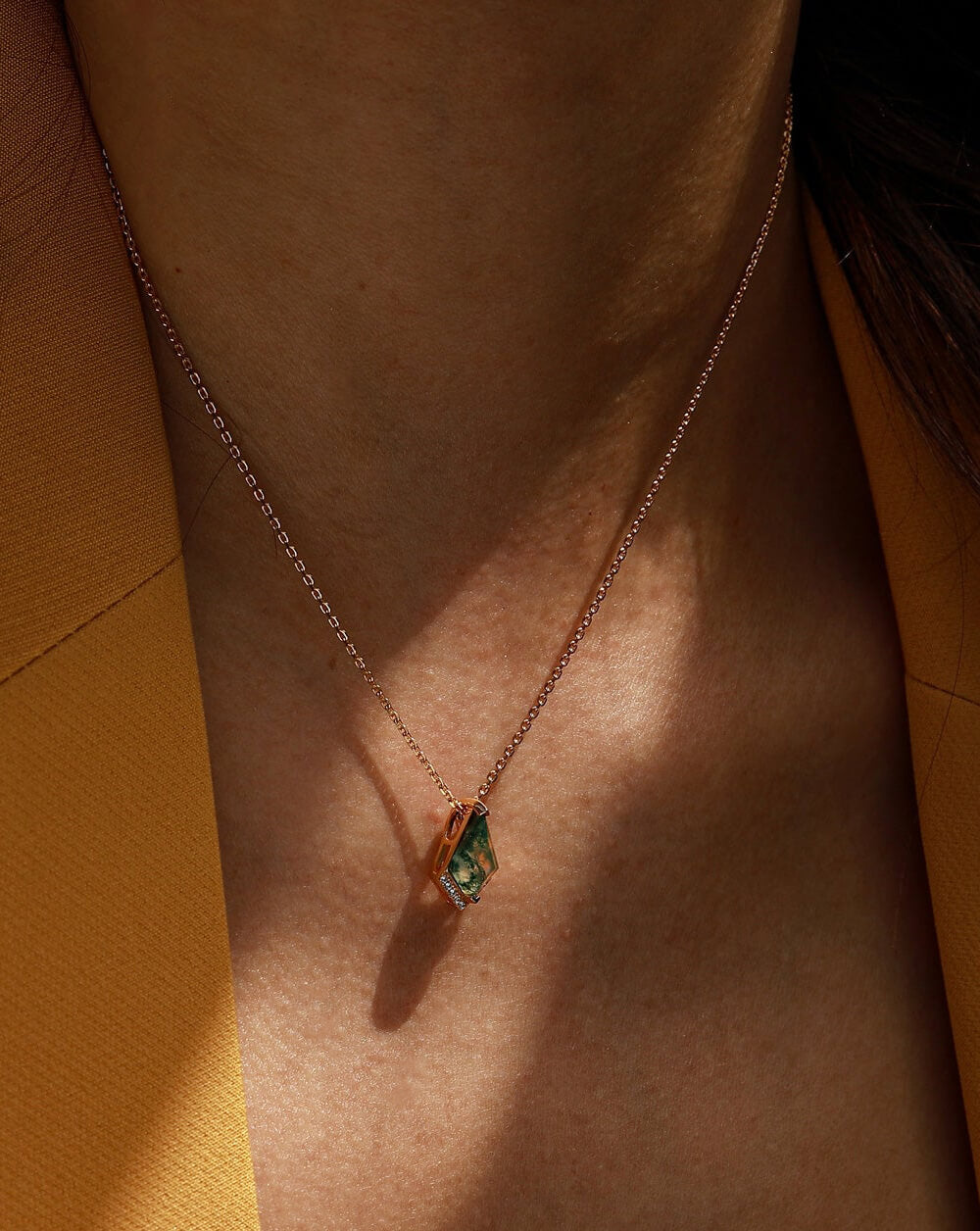 Rhombus Natural Moss Agate Gold Pendant Necklace