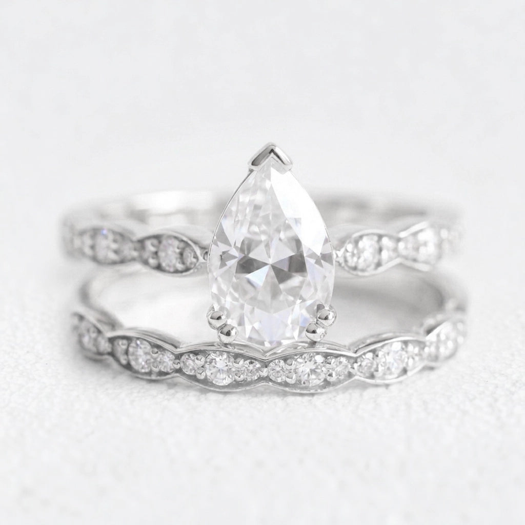 Grace Solitaire Pear Bridal Ring Set w/ Moissanite and Matching Diamond Band.