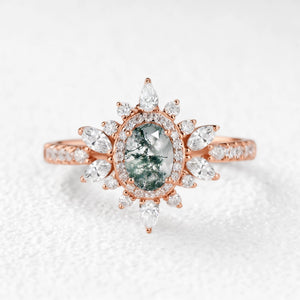 Verdana’s Nimbus | Oval Moss Agate Halo  Engagement Ring