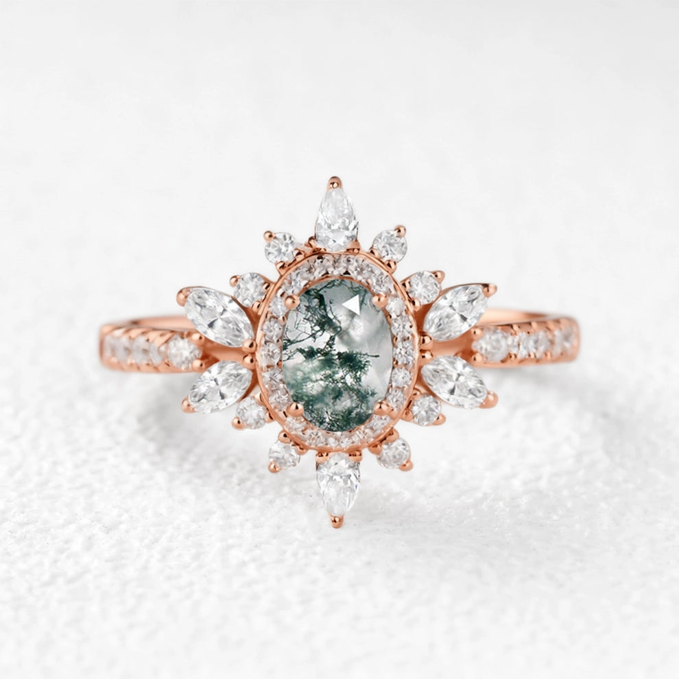 Verdana’s Nimbus | Oval Moss Agate Halo  Engagement Ring.
