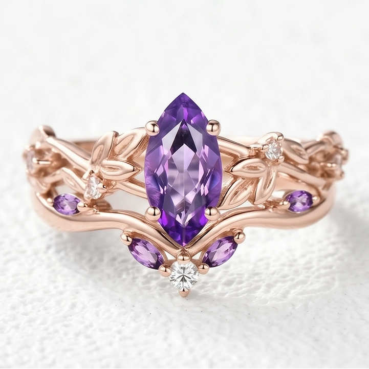 Violet’s Twig | Vintage Marquise Amethyst & Diamond Bridal Set 2pcs.
