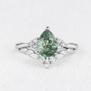 Mirabel’s Idyll | Unique Moss Agate Leaf Engagement Ring Set 2pcs.