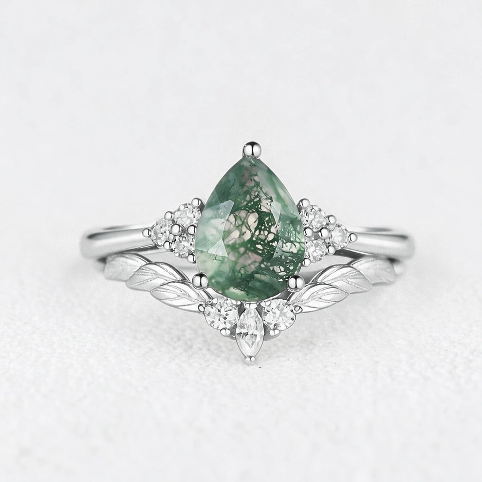 Mirabel’s Idyll | Unique Moss Agate Leaf Engagement Ring Set 2pcs.