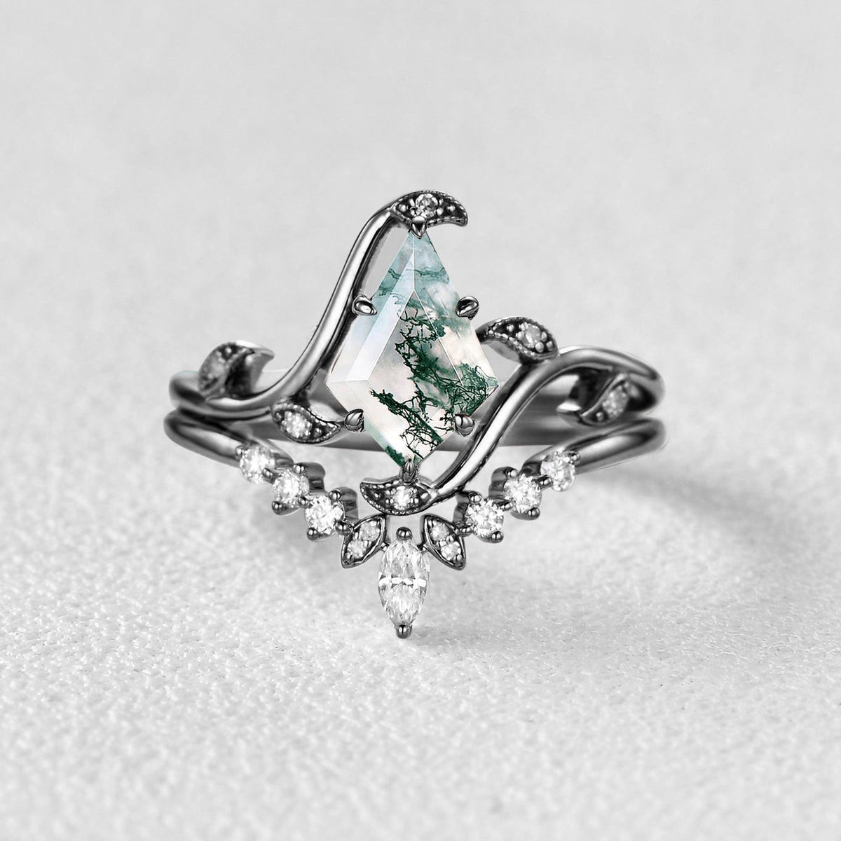 Ivy Unique Kite Cut Moss Agate Leafy Engagement Ring Sets 2pcs.