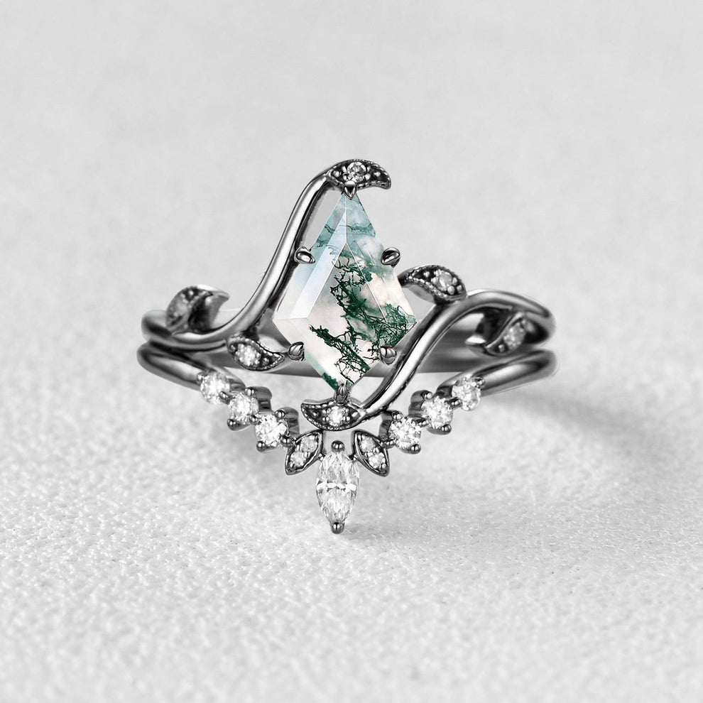 Ivy Unique Kite Cut Moss Agate Leafy Engagement Ring Sets 2pcs.