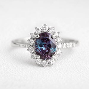 Theodora's Mirage | Oval-Cut Blue Alexandrite Halo Engagement Ring