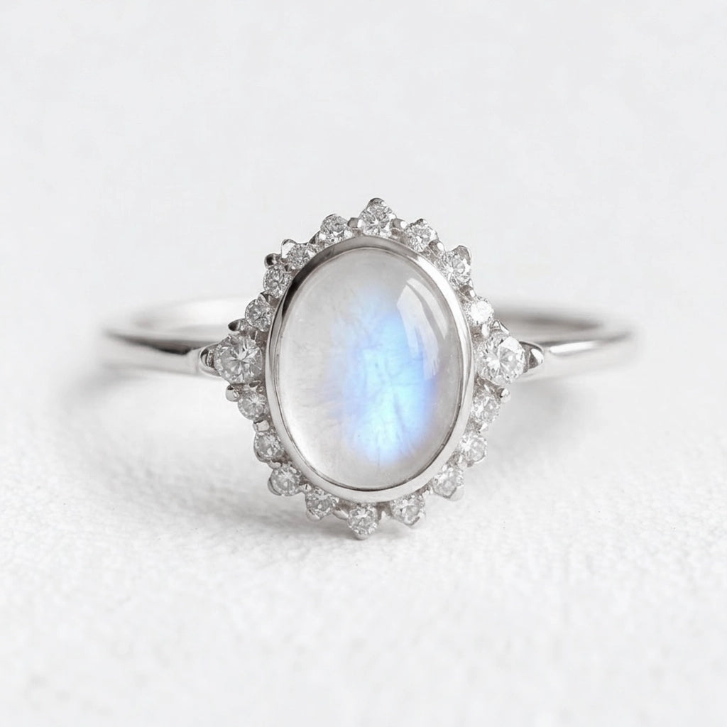 Elara’s Luster | Classic Oval Moonstone Halo Engagement Ring