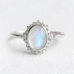 Elara’s Luster | Classic Oval Moonstone Halo Engagement Ring