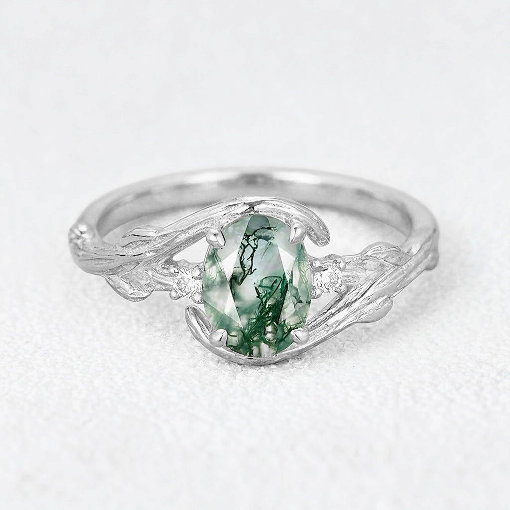 Oval Cut Moss Agate Branches Vintage Engagement Ring.